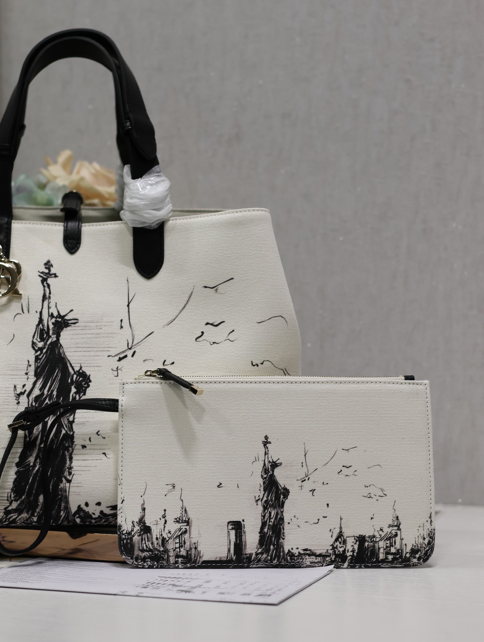 Large Dior Toujours Bag Latte and Black Canvas with New York Print